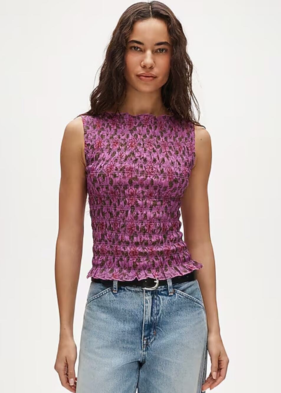 J.Crew Smocked Shell Tank Top Floral Ramie Sleeveless Ruffle Hem Cottagecore M